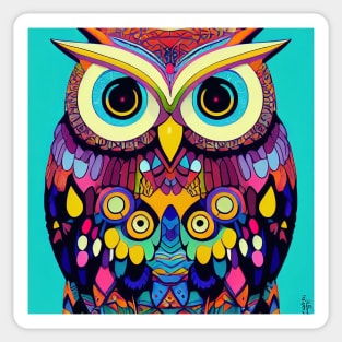 Colorful Owl Portrait Illustration - Bright Vibrant Colors Bohemian Style Feathers Psychedelic Bird Animal Rainbow Colored Art Sticker